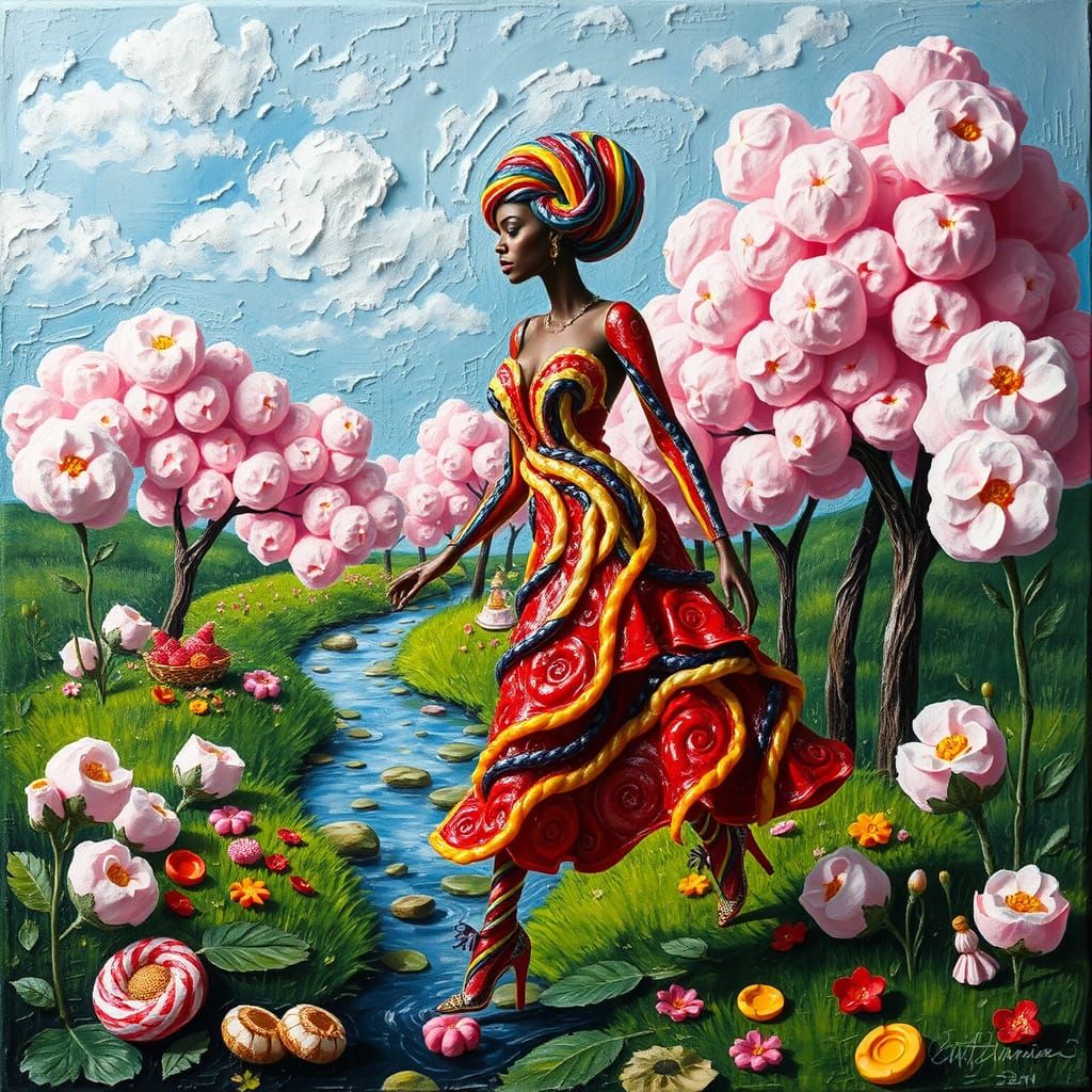 Fashionista in Liquorice Dress Amidst Candy Landscape