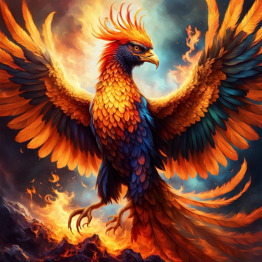Phoenix Rising: Vibrant Oil Painting of Mythical Bird