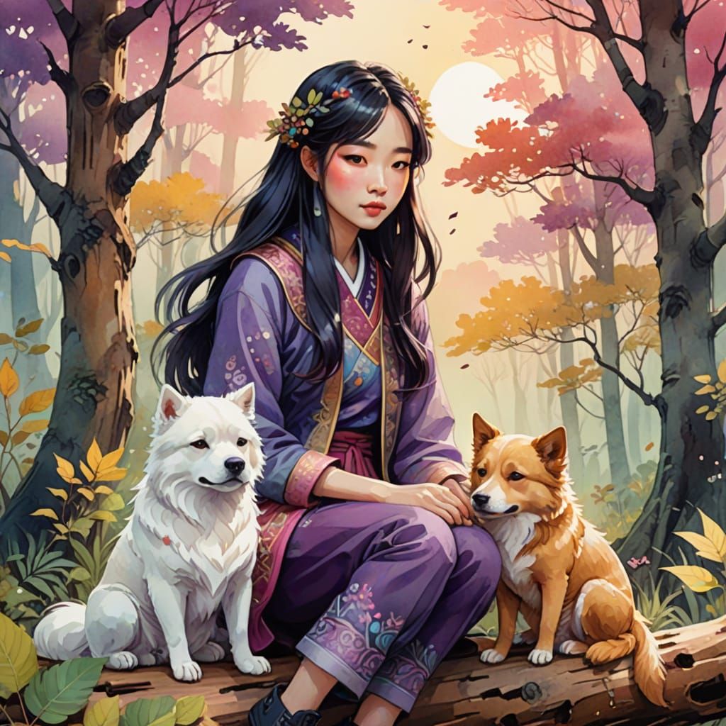 Whimsical Korean Girl with Her Adorable Blackberry Dog in a ...