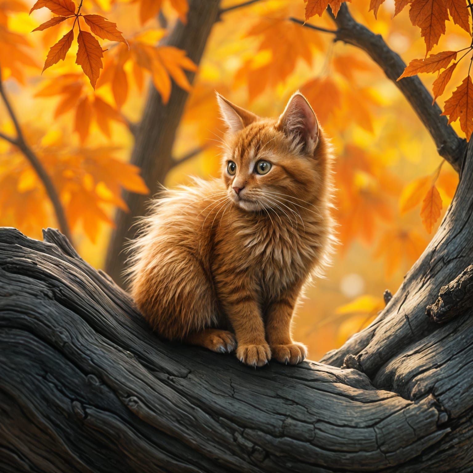 Warm Feline Portrait on Autumn Tree Trunk