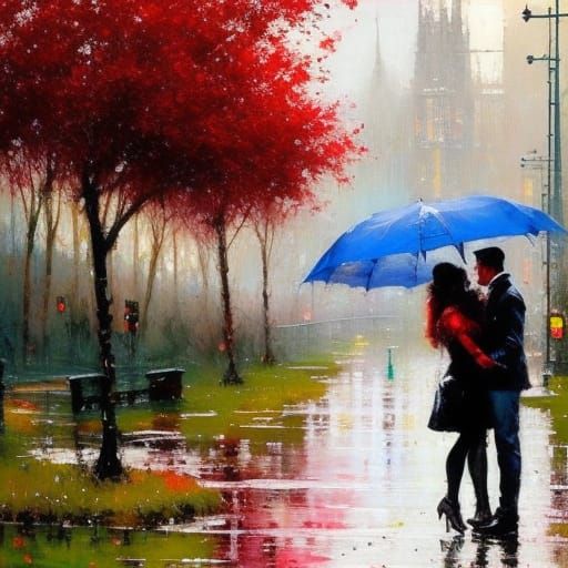Passionate Couple Kissing in Rain with Splashes