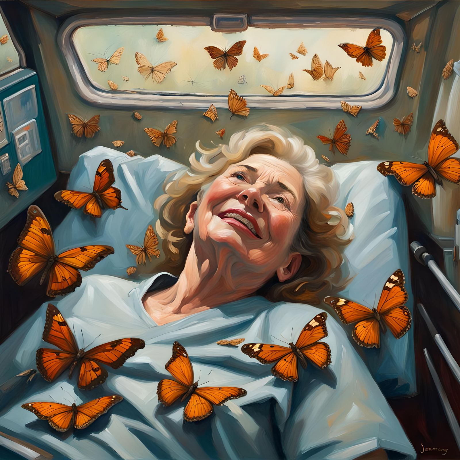 Serene Old Woman in Ambulance, Oil Painting