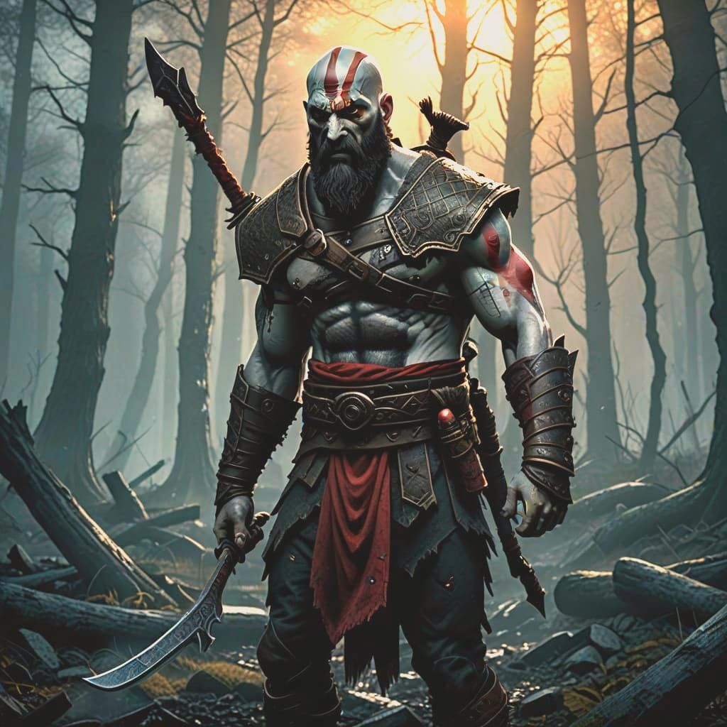 Kratos Searches a Misty Woods with Scary Face and Painful An...