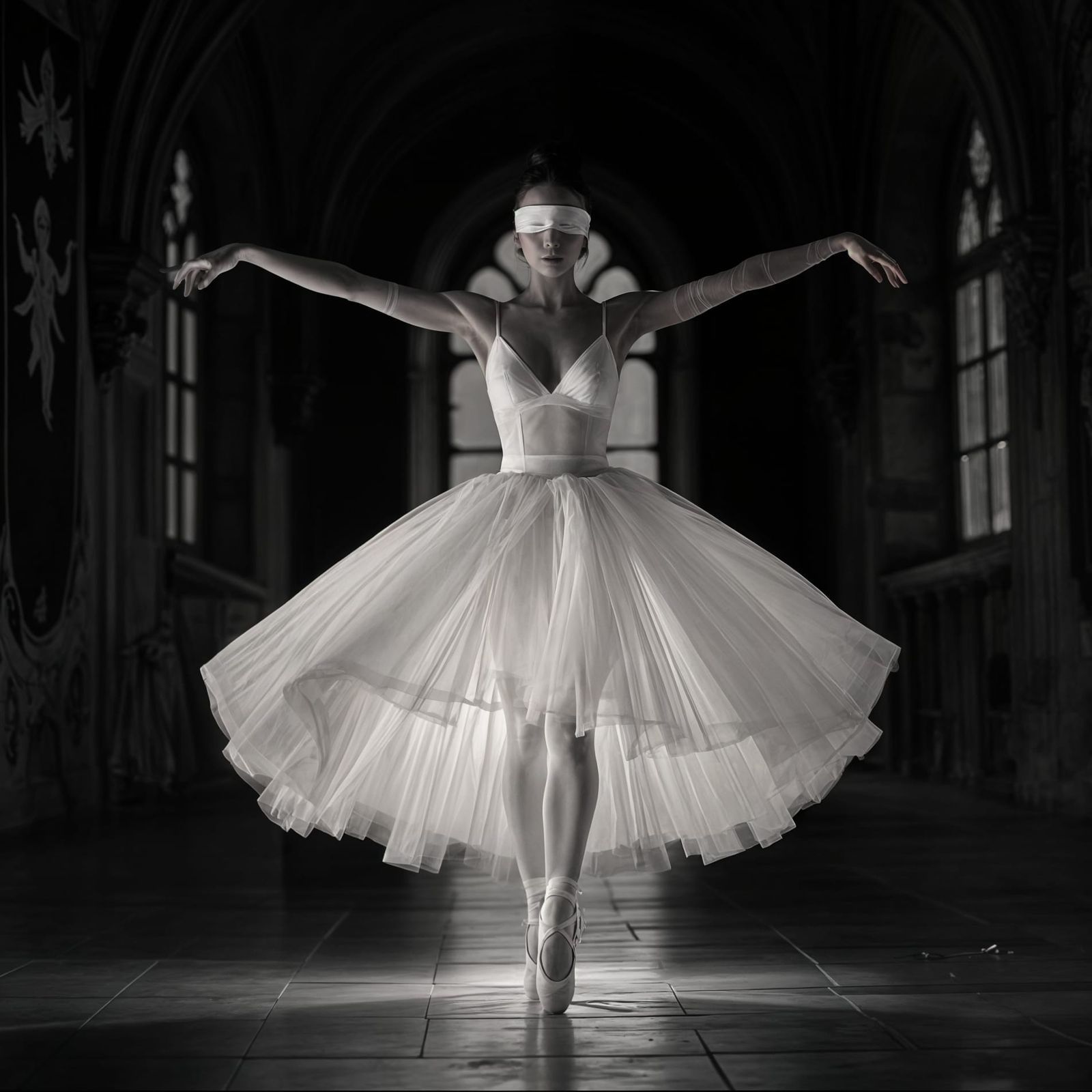 Blindfolded Ballerina Dances in Moonlit Castle