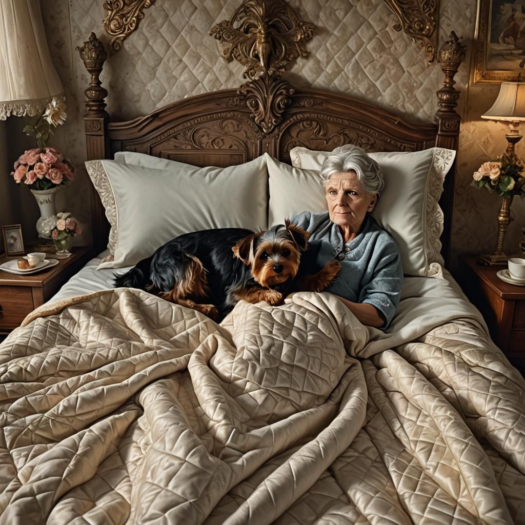 Elderly Woman with Yorkshire Terrier in Bed