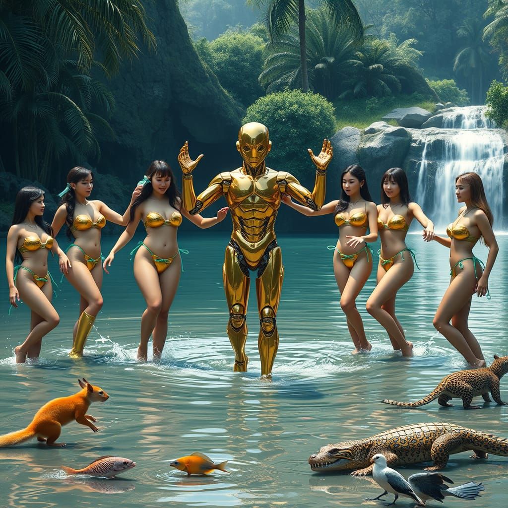 Golden Robot and Women Dance in Shallow Lake Water