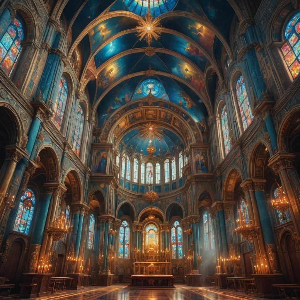 Ornate Orthodox Church Interior in Dramatic Lighting