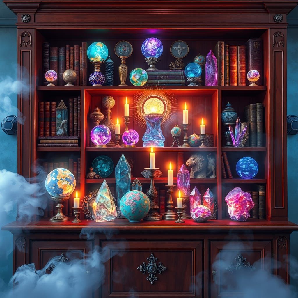 Psychedelic Crystal Balls in Cherry Wood Bookcase