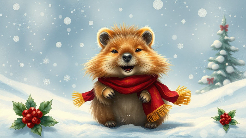 Joyful Quokka-like Animal in Winter Wonderland