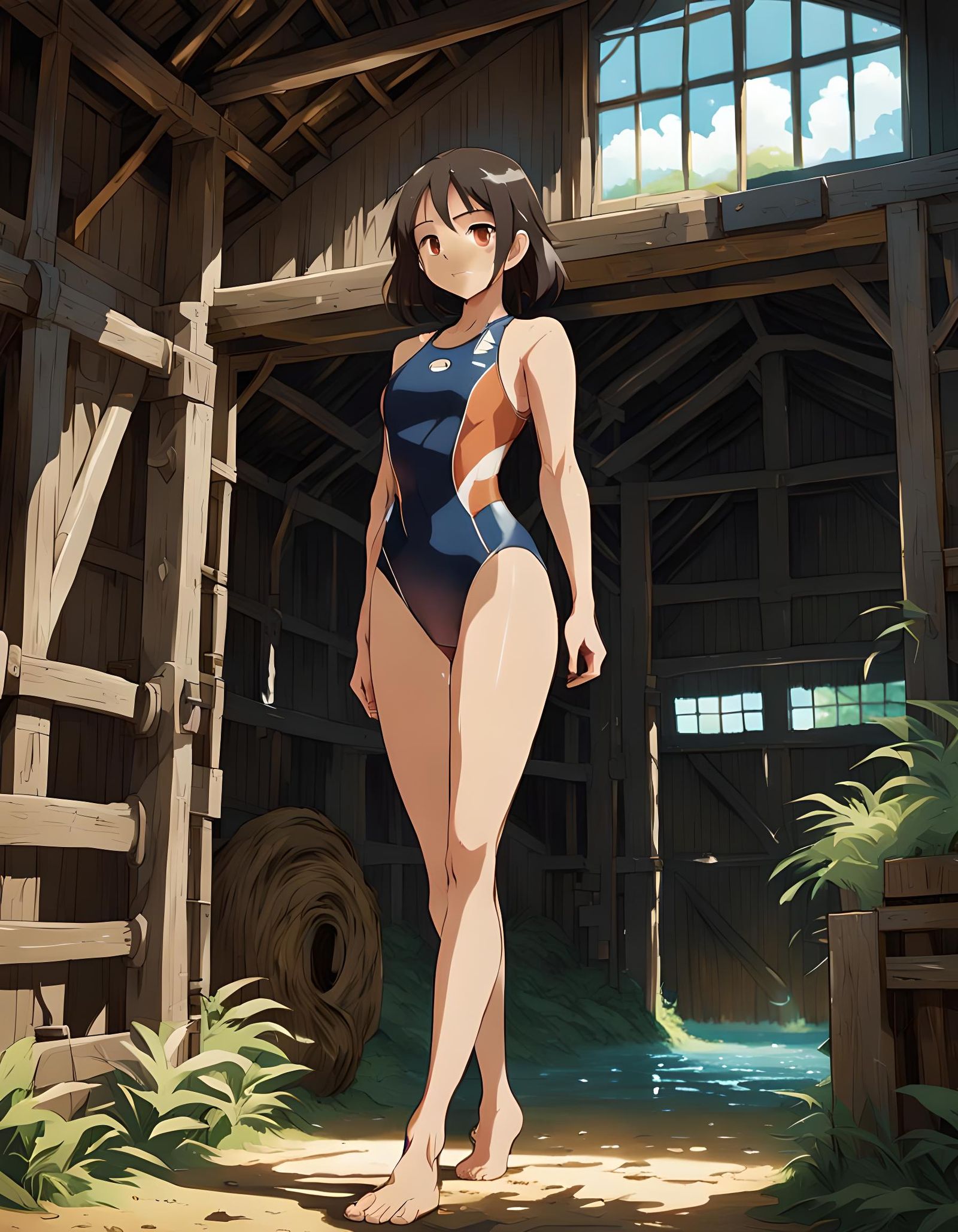 Brunette in Swimsuit, Ghibli-Style Anime Key Visual