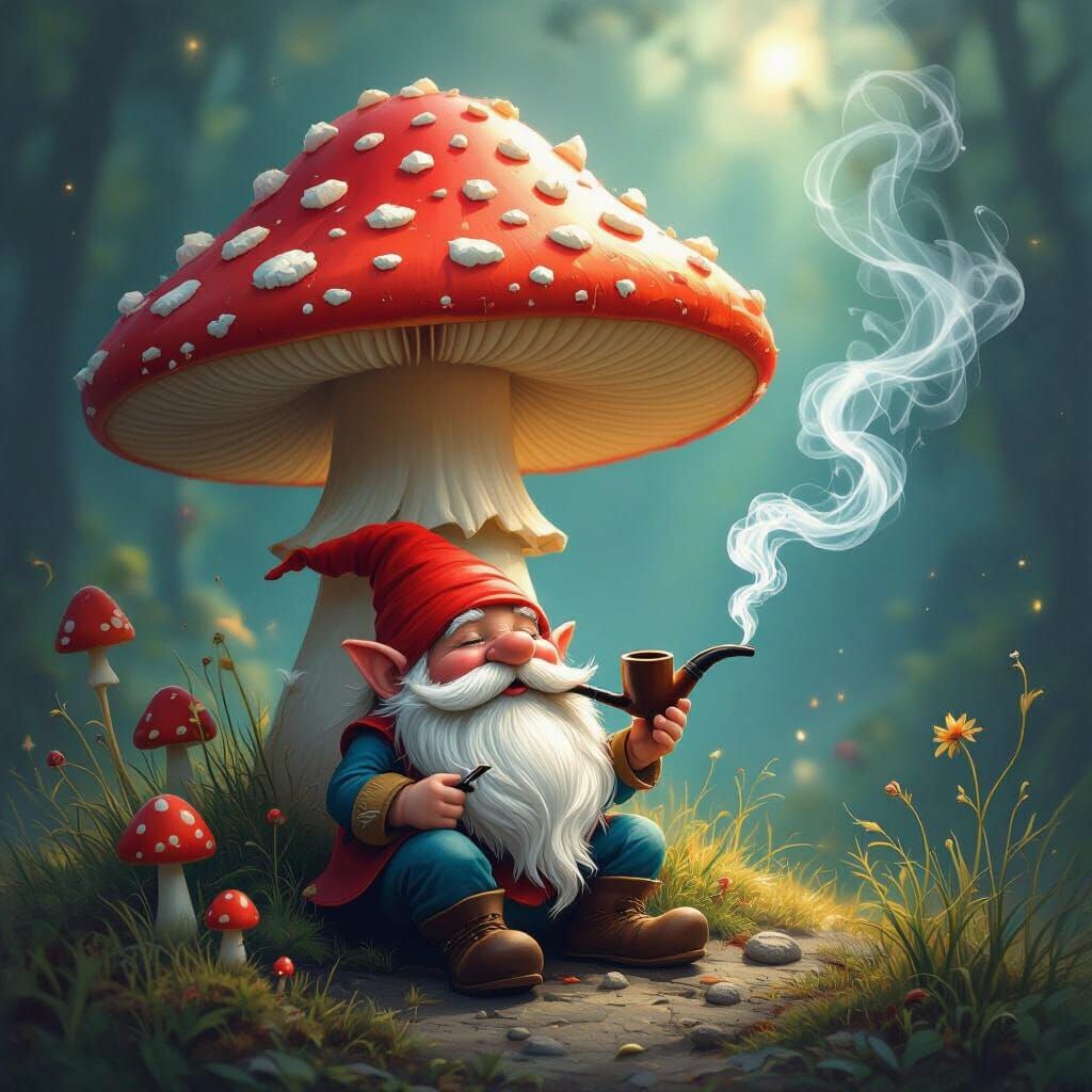 Psychedelic Mushroom Scene with Gnome and Dragon Smoke