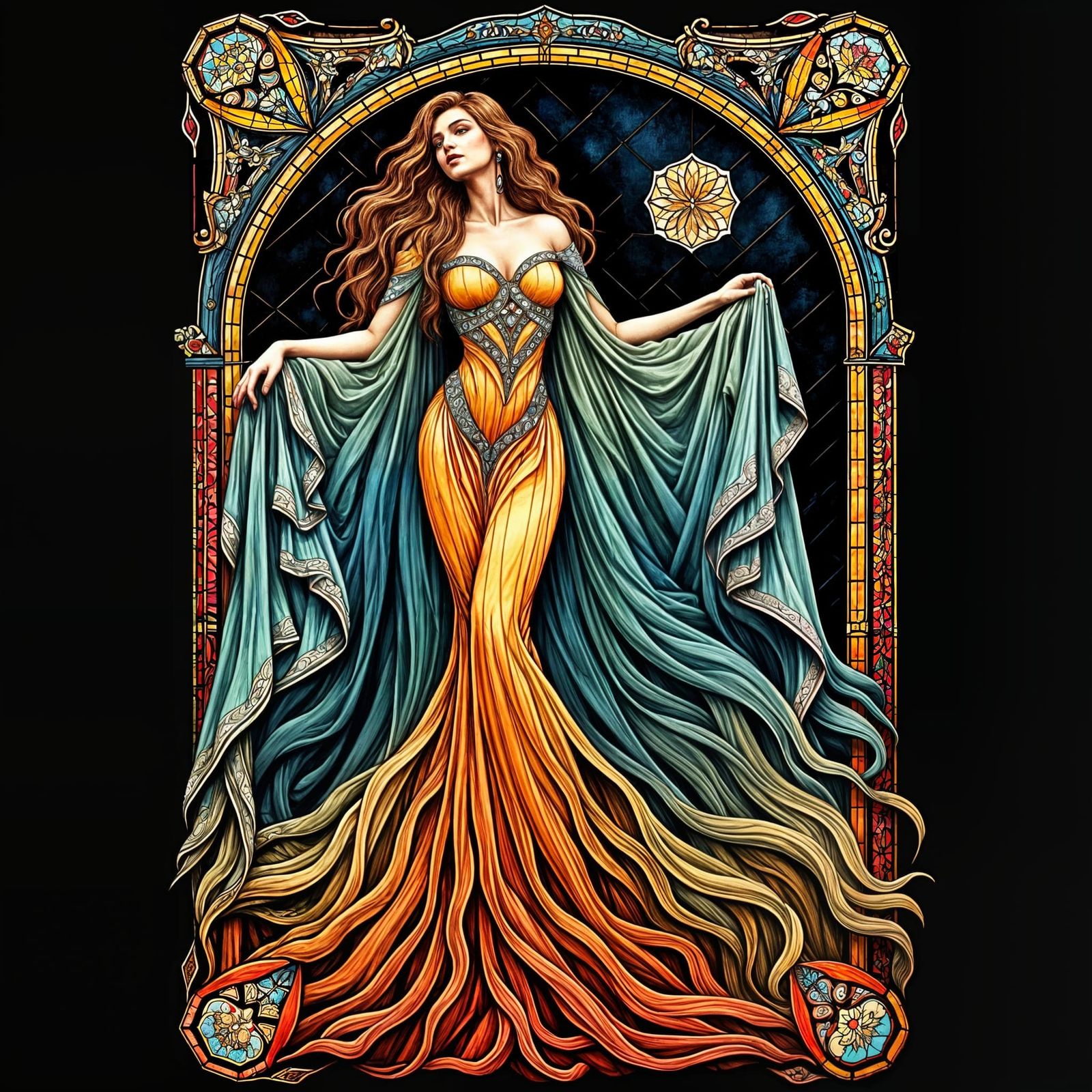 Gothic Evening Gown in Vibrant Stained Glass Colors