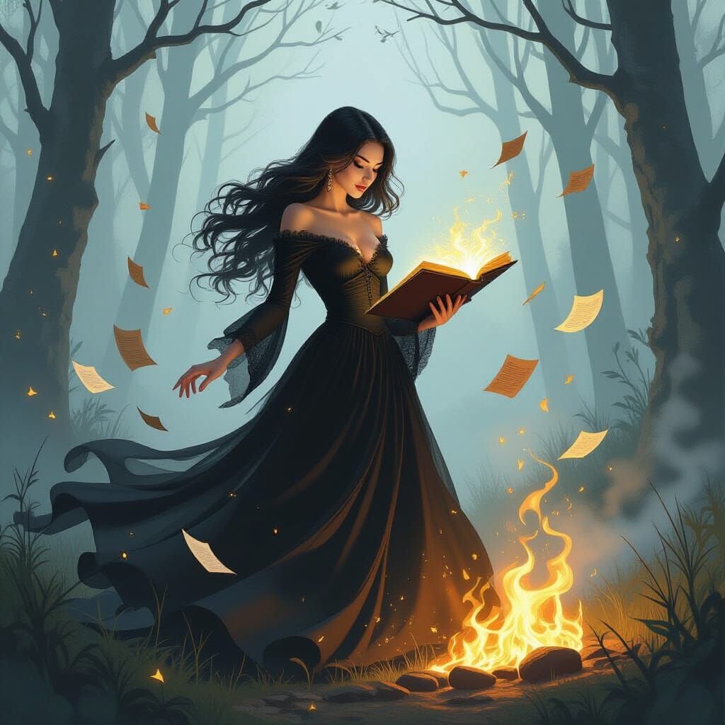 Ethereal Witch in Misty Forest with Magic Book