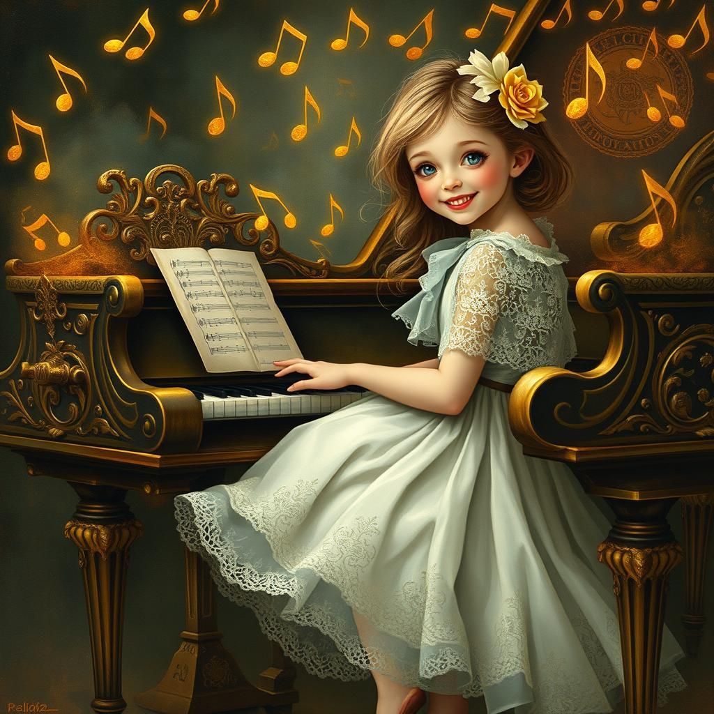 Whimsical Girl Playing Piano in Pop Surrealist Style