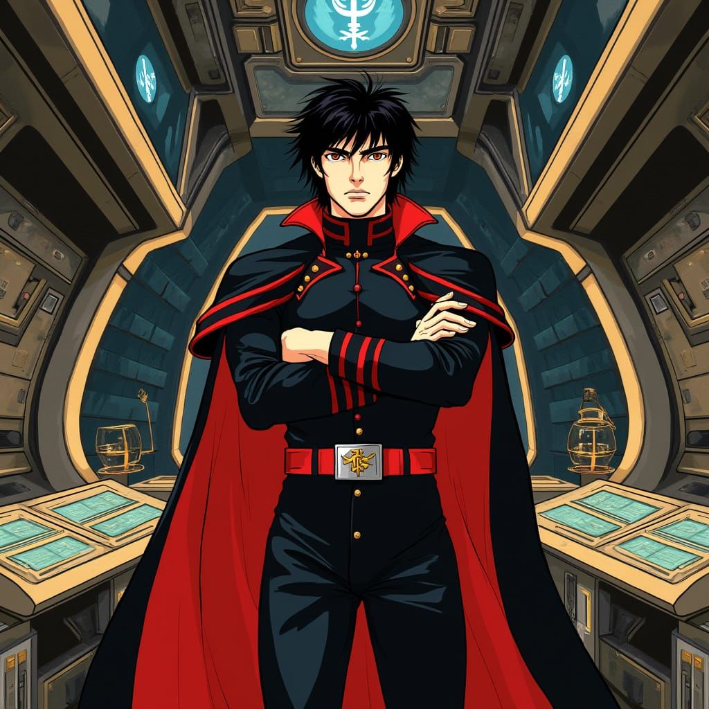 Space Pirate Captain on Ship Bridge in Manga Sci-Fi Style