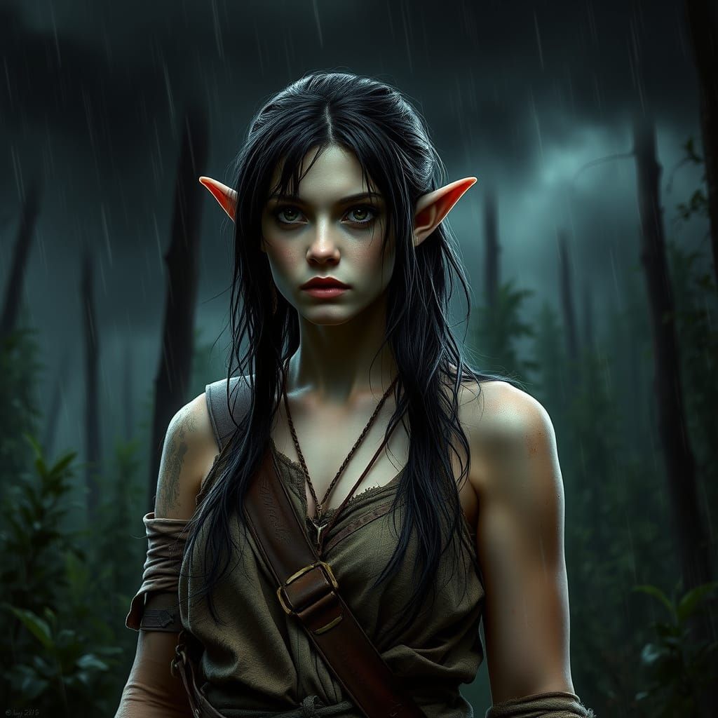 Elf Maiden in Rainy Forest, Gritty Fantasy Art