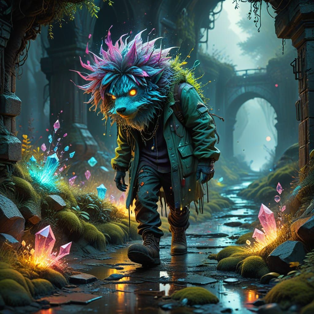 Mystical Alchemist Strolls a Crystal Pathway