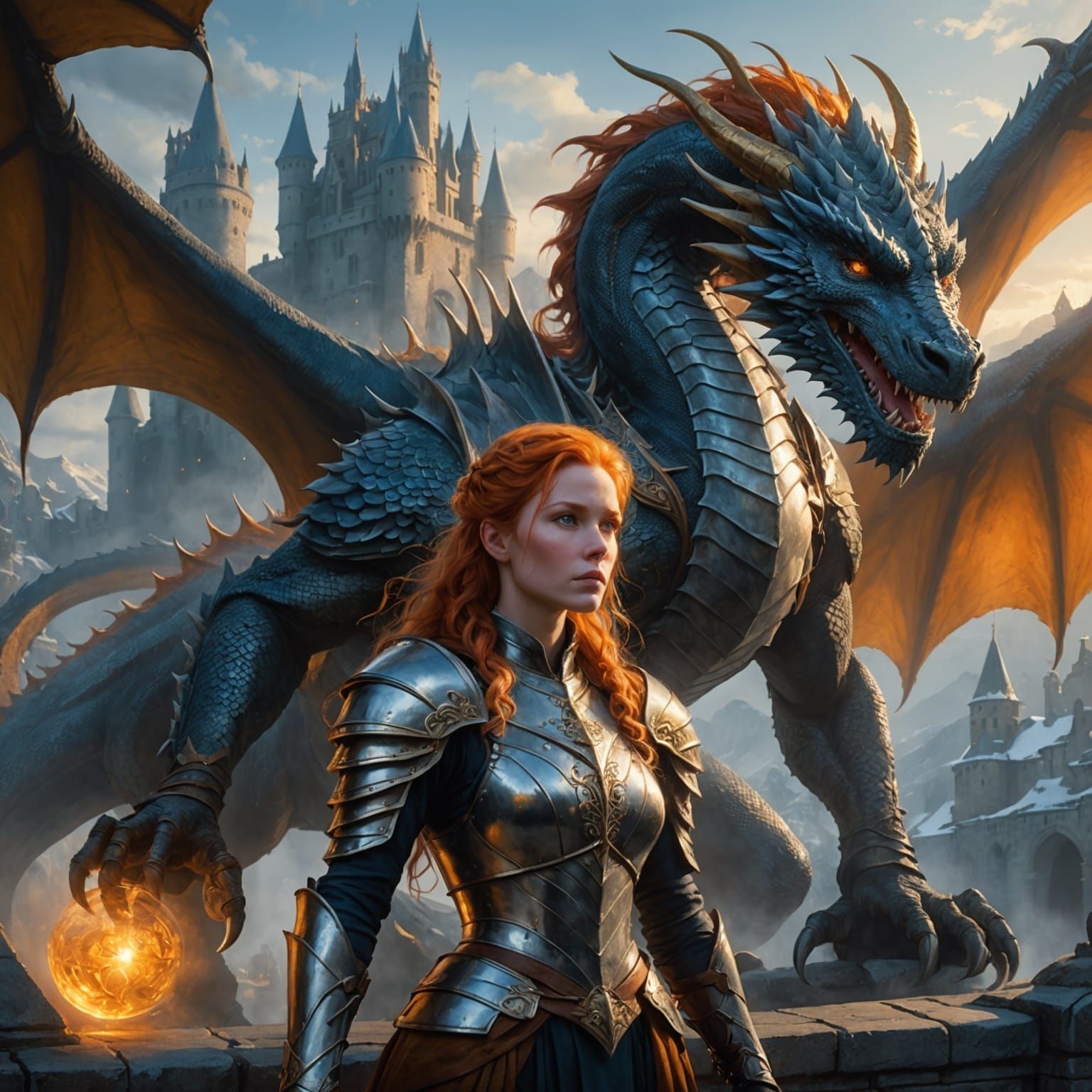Orange-Haired Woman with Gray Dragon in Castle Yard