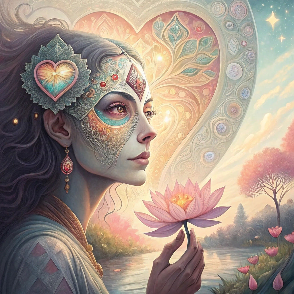 Mystical Goddess with Kaleidoscope Eyes in Surreal Landscape