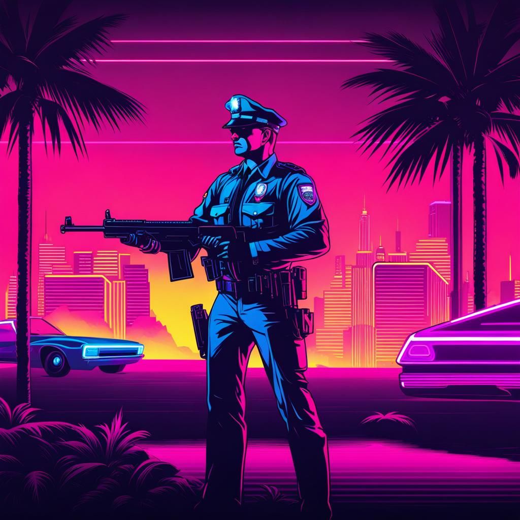Synthwave Cops with Guns in Neon Retro Style