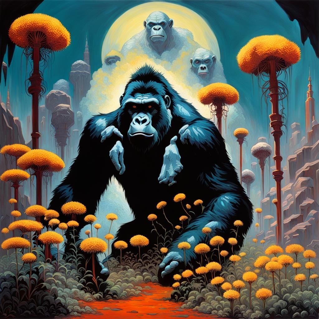 Monstrous Gorilla Dandelions in Sci-Fi Horror Style