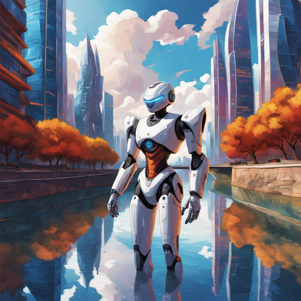 White Robot in Futuristic City: Digital Art