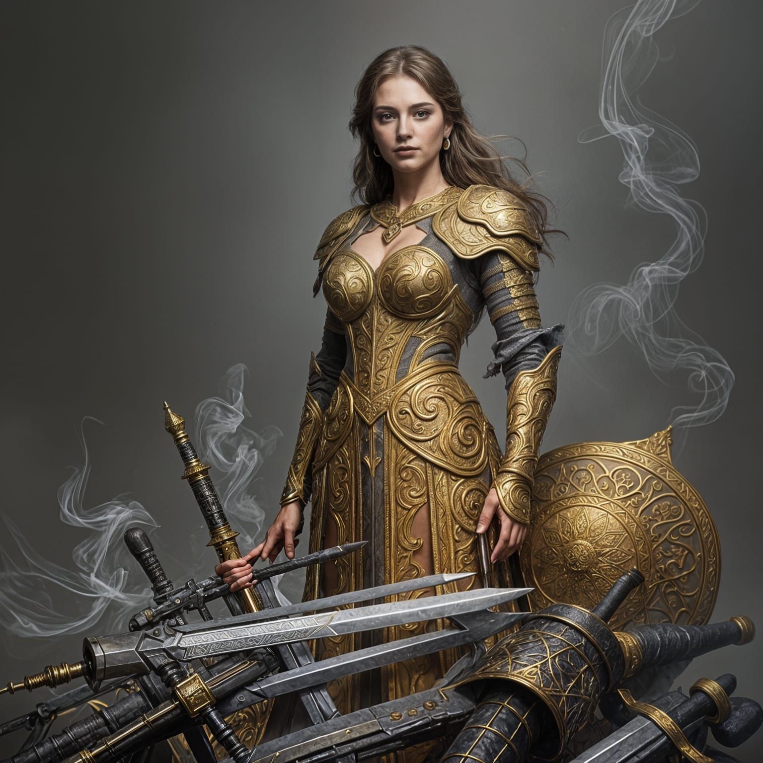 Elegant Warrior in Golden Armor Smokes in Regal Dignity