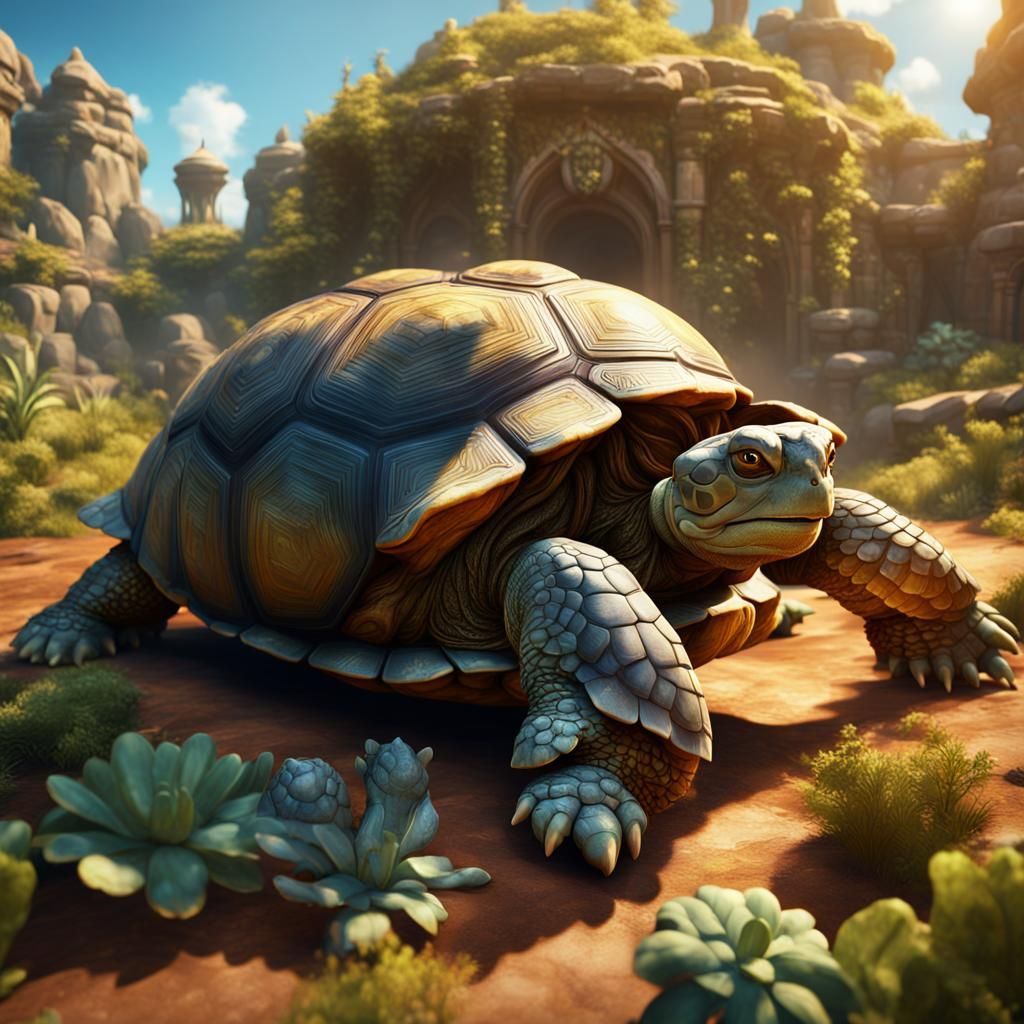 Happy Tortoise Basking in Sunlight: Detailed Matte Painting