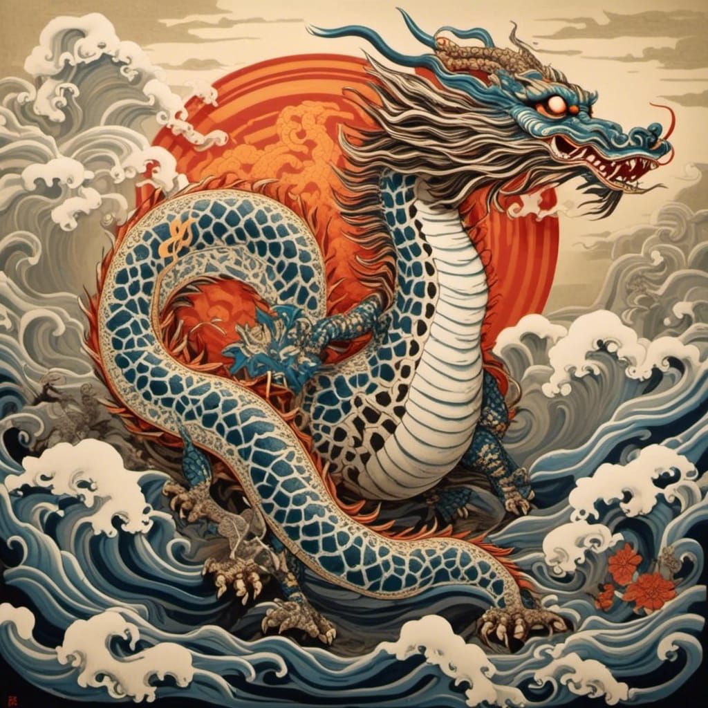 Chinese Dragon with Glowing Orb in Hokusai Style