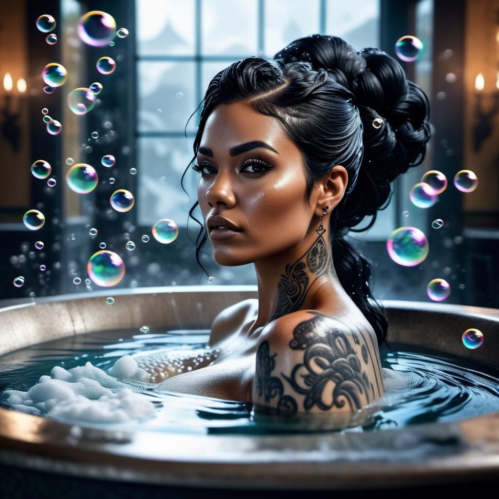 Tattooed Woman in Bubble Bath: Detailed Matte Painting