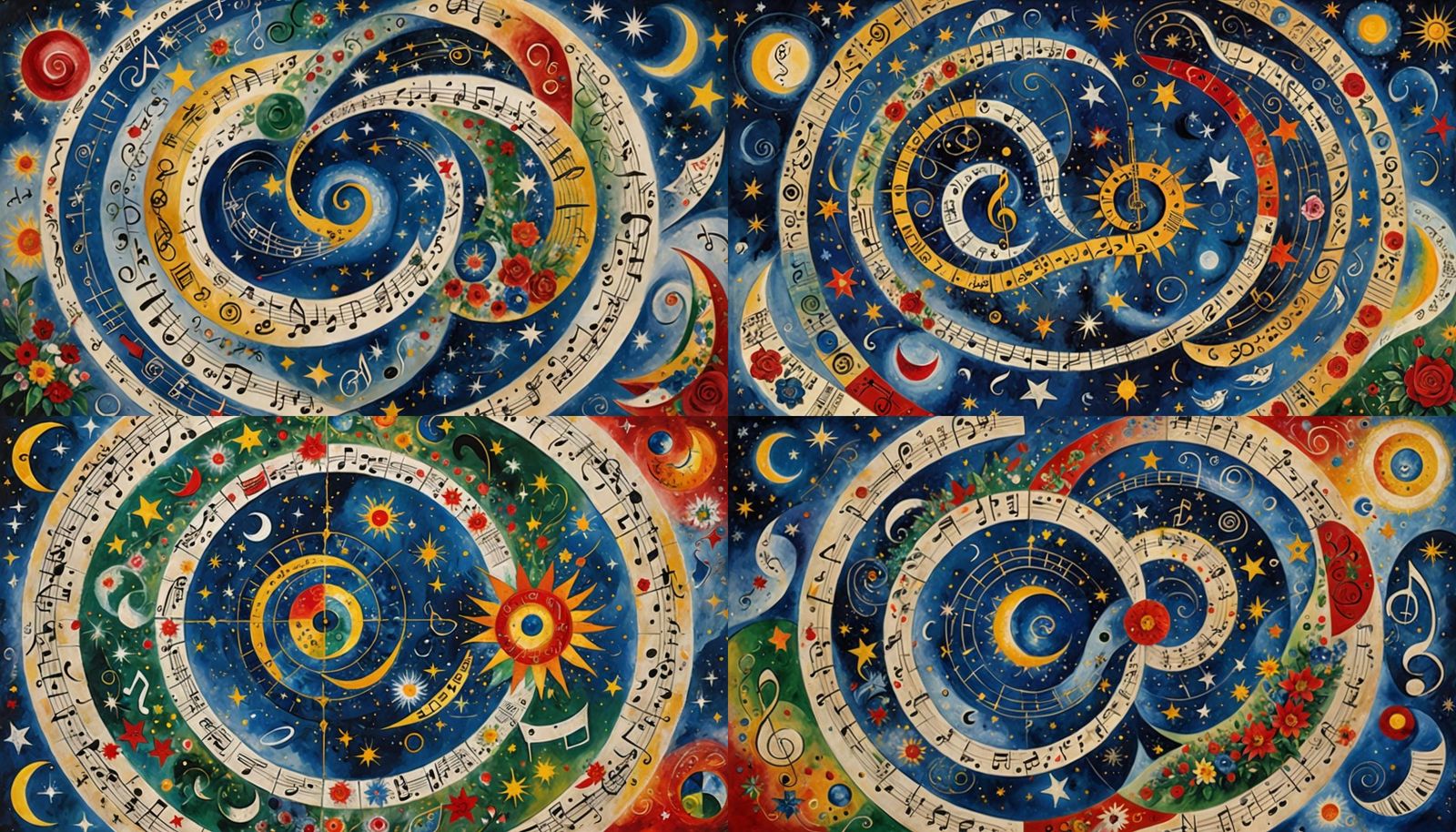 Cosmic Music Mandala in Chagall Oil Painting Style
