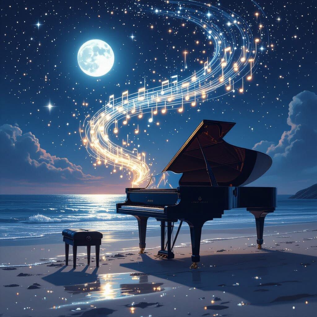 Piano on Moonlit Beach: Ethereal Notes Ascend