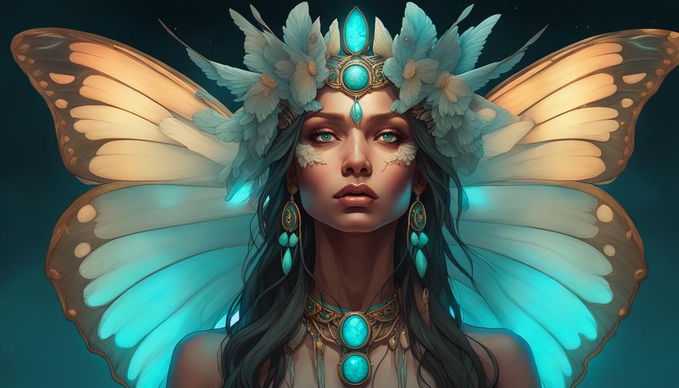 Shaman-Angel with Butterfly Wings in Hyperdetailed Style