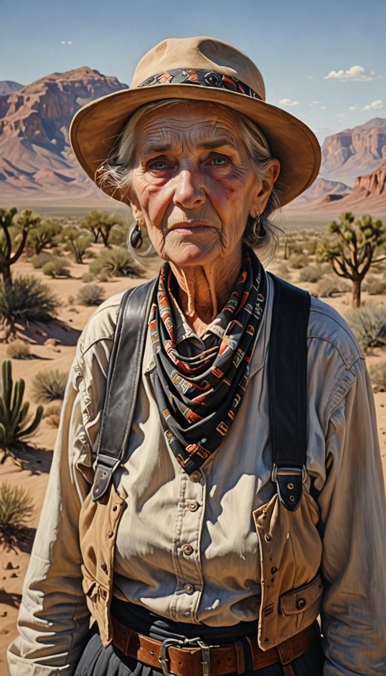 Old Woman with Bandoliers in Desert Scene Portrait