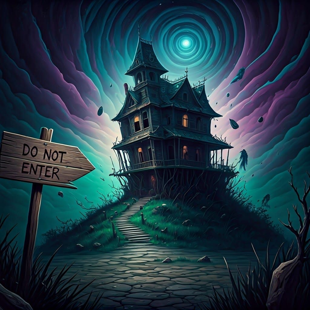Haunted Mansion with Ghostly Figures in Surreal Style