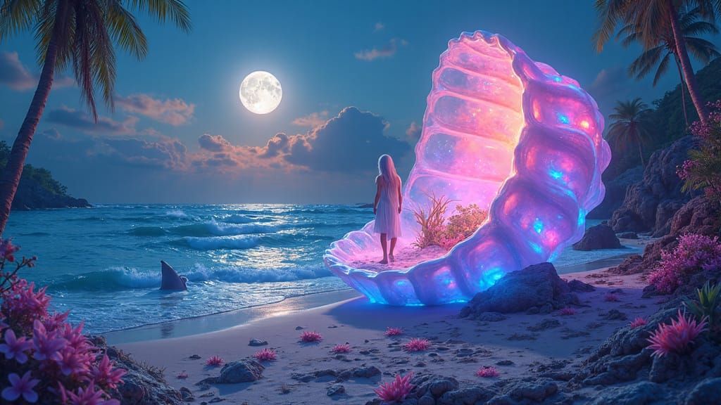 Glowing Beach Fantasy with Magical Moon and Enchanted Landsc...