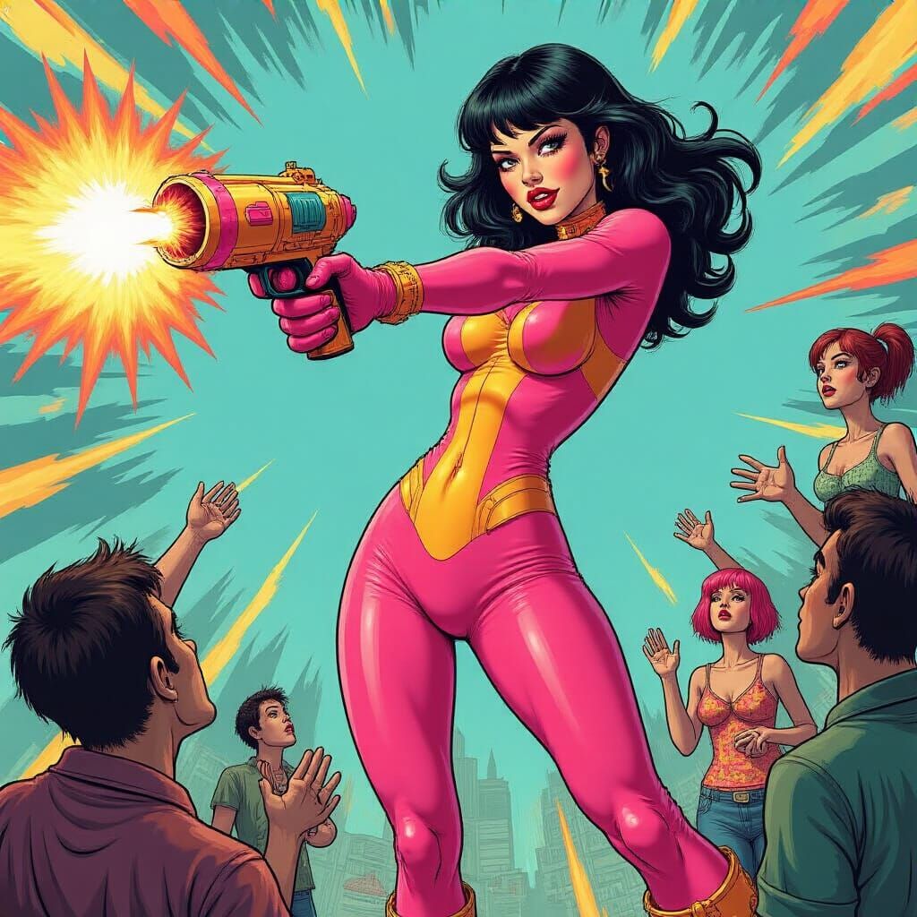Cartoon Woman Draining Energy with Ray Gun