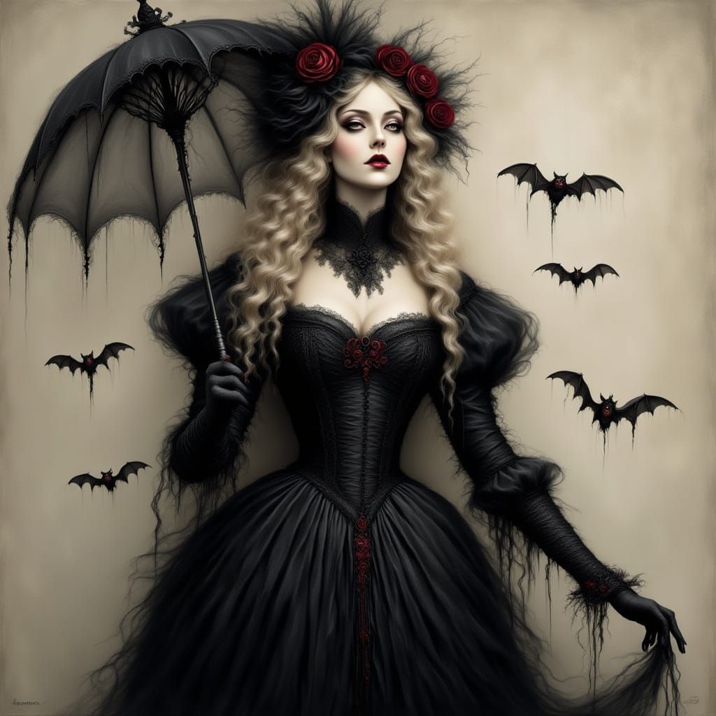 Elegant Woman with Bats in Art Nouveau Style