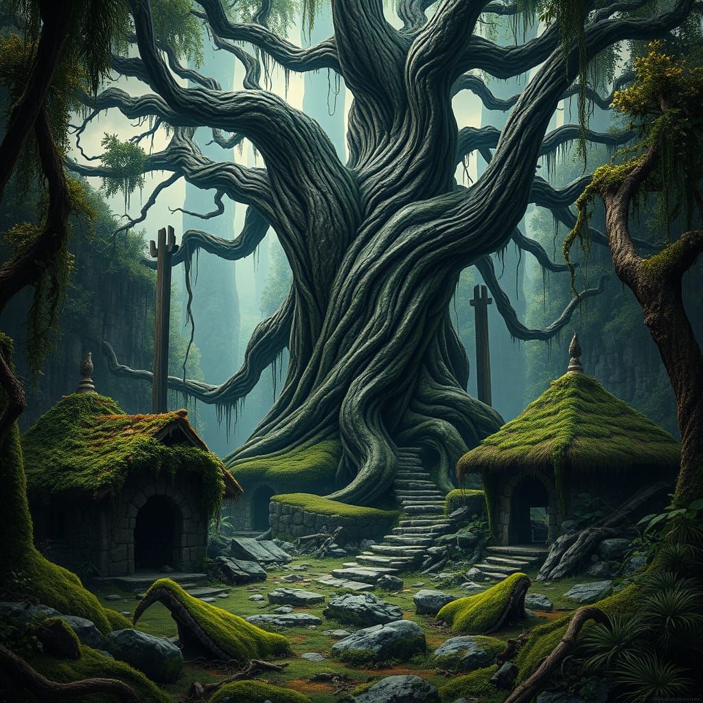 Ancient Jungle Village in Twilight Shadows