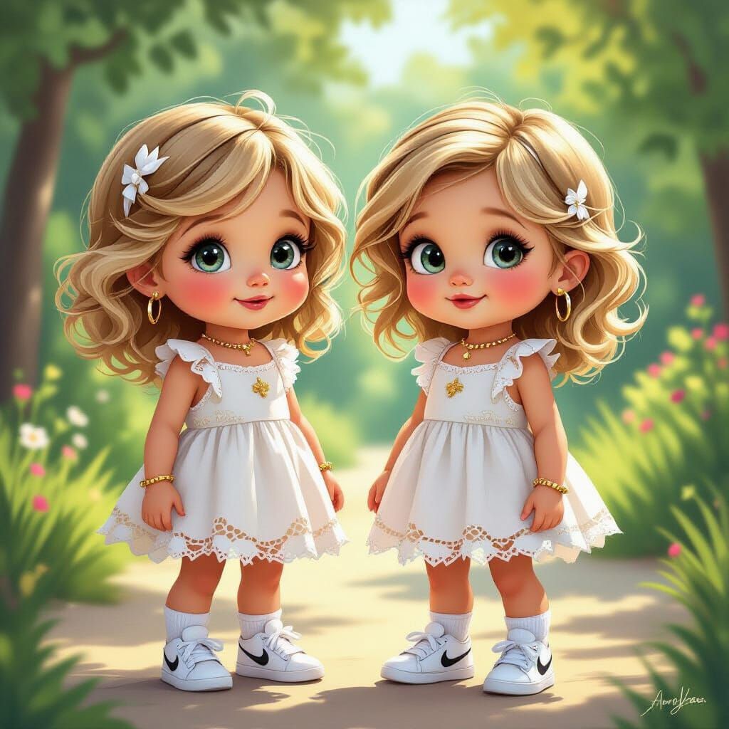 Twin Toddlers in Lace Dresses with Whimsical Digital Art Sty...