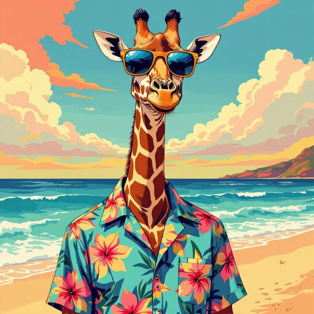 Giraffe on Vacation in Lowbrow Art Style