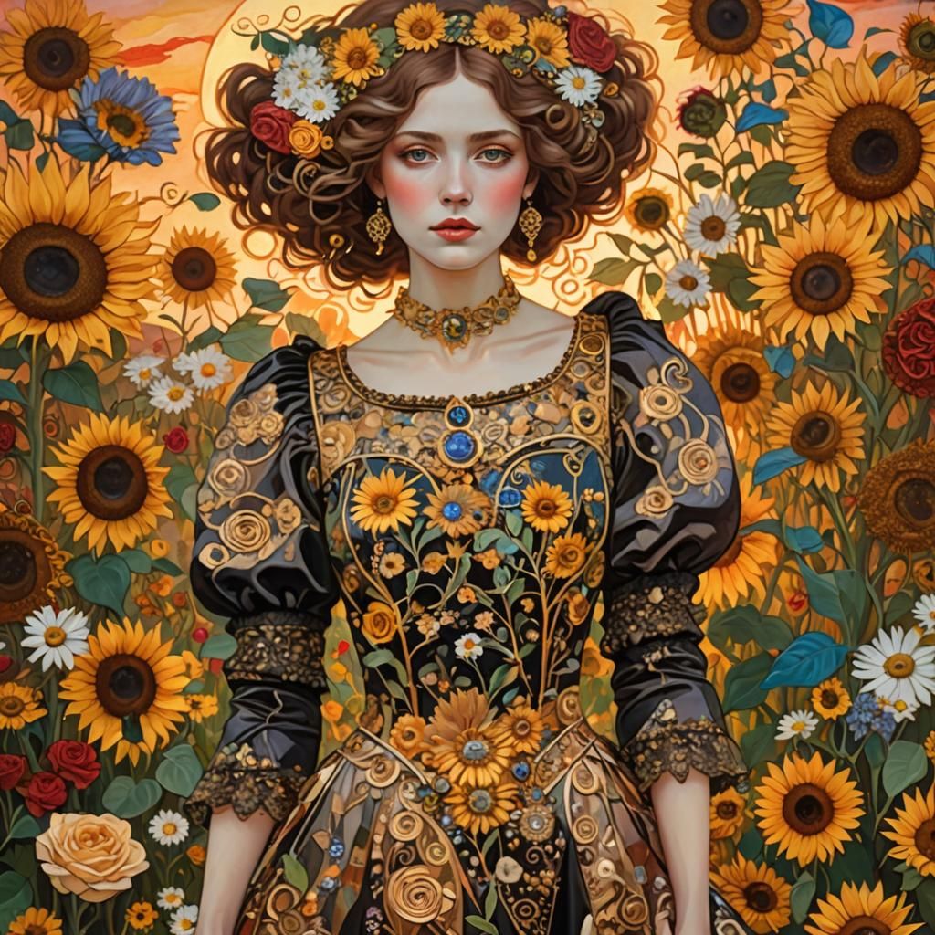 Art Nouveau Woman in Flower Field at Sunset
