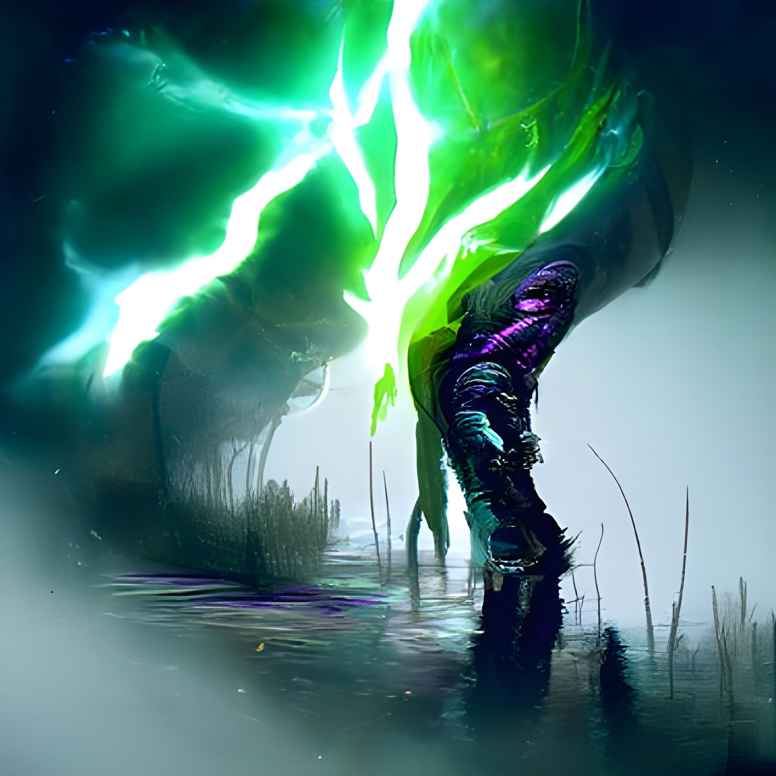 Hyperrealistic Green and Purple Lightning Strikes