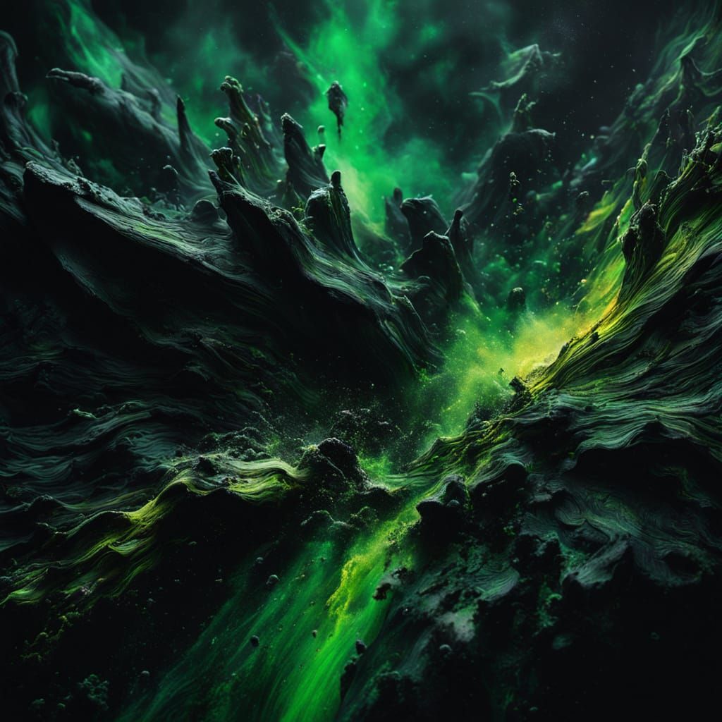 Abstract Eruption of Black and Green Paint with Glowing Embe...