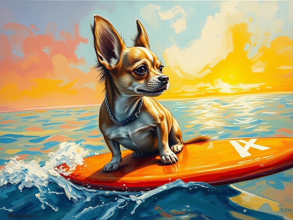 Chihuahua Surfing: Impressionist Gouache and Watercolor