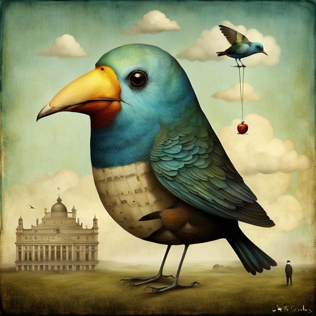 Surreal Bird Illustration in Whimsical Style