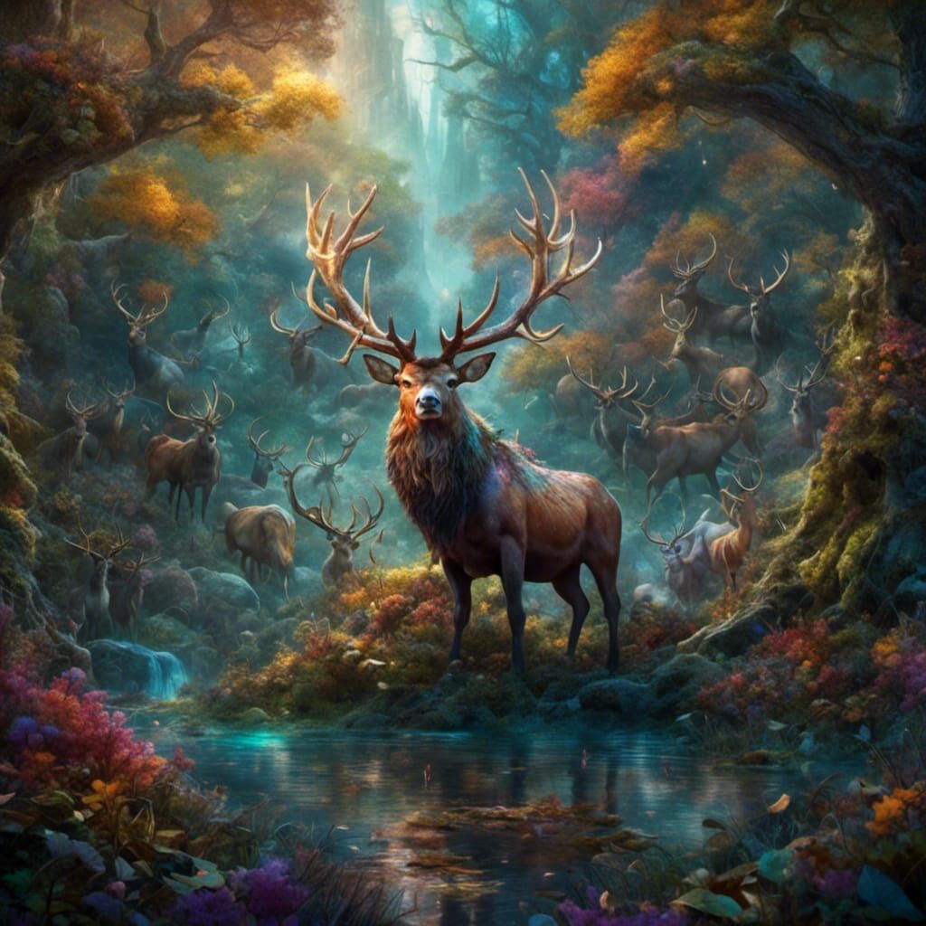 Majestic Stag with Antlers in Magical Forest