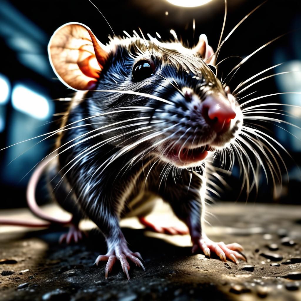 hyperrealistic Photograph a dynamic rat using a fish-eye len...