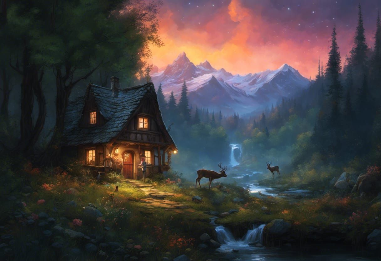 Cozy Forest Cottage at Night as Fantasy Art