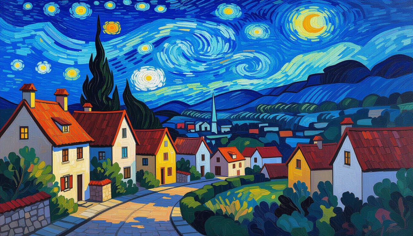 Village Under Starry Night Sky in Impressionist Style